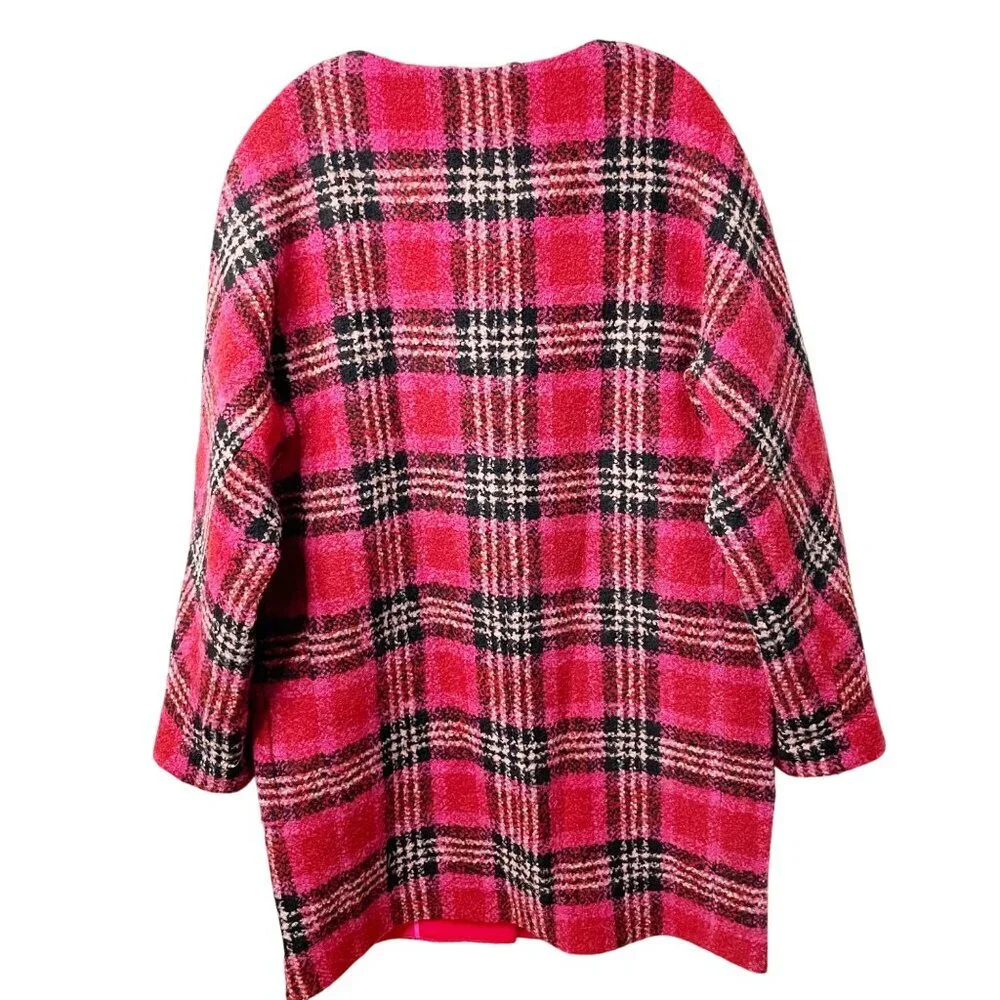 Kate Spade Foliage Plaid Sugarcoat Plush Wool Women’s Size Large Red Pink Black